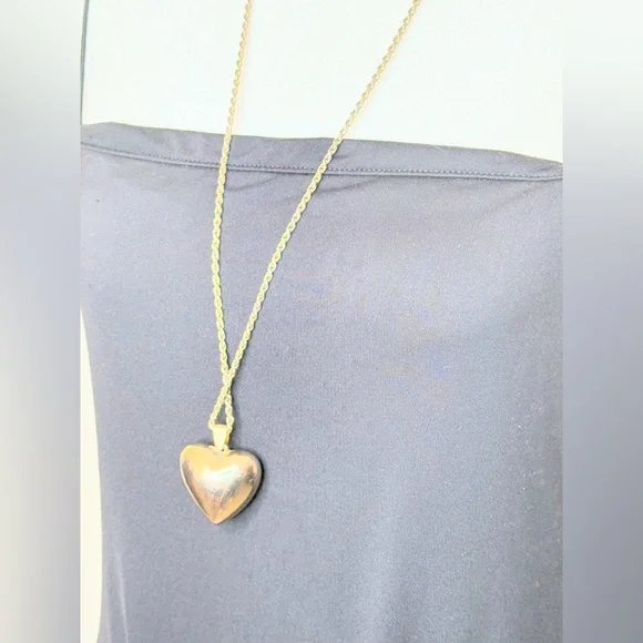 Vintage Gold Tone Puffy Heart Pendant Necklace Rope Chain 24” - Picture 7 of 12